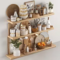 Stylish Kitchenware Display On Wooden Shelves With Bowls Plates Jars Mugs Cutting Boards And Plants