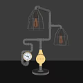 Industrial Style Table Lamp With Metal Pipe Structure Wire Cage Bulbs And Pressure Gauge