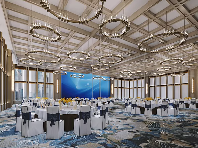 Elegant Banquet Hall With Circular Chandeliers White Tables Blue Ribbons And Large Windows 3d model