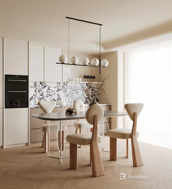 Modern Open Kitchen Interior Design With Pendant Lights Island Counter And Cabinets 3d model 