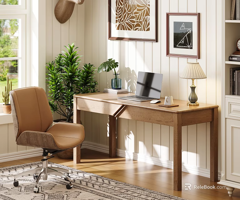 Cozy Home Office Desk With Laptop Leather Chair Table Lamp Green Plants And Framed Artworks 3d model 