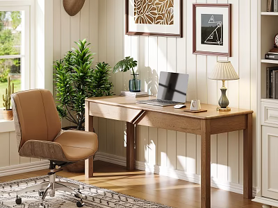 Cozy Home Office Desk With Laptop Leather Chair Table Lamp Green Plants And Framed Artworks 3d model