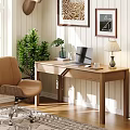 Cozy Home Office Desk With Laptop Leather Chair Table Lamp Green Plants And Framed Artworks
