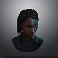3D Character Female Head Model With Brown Hair Blue Shirt And Serious Expression
