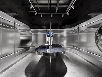 Modern Metallic Interior Space With Circular Display Platform And Ceiling Lights 3d model