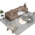 Modern Brown Sofa Coffee Table Combination With Pillows Stool Green Plant And Rug 3d model