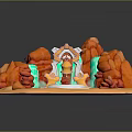 Cartoon Style Scenic Landscape With Orange Rocks Green Water Streams And Central Golden Structure