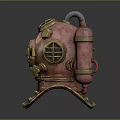 Vintage Copper Diving Helmet With Round Glass Windows And Attached Air Tank