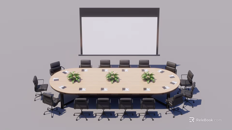 Oval Conference Table With Surrounding Chairs Plants And Projection Screen In Meeting Room 3d model 