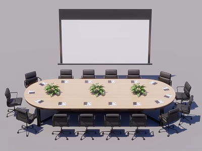 Oval Conference Table With Surrounding Chairs Plants And Projection Screen In Meeting Room 3d model