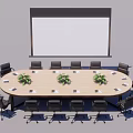 Oval Conference Table With Surrounding Chairs Plants And Projection Screen In Meeting Room