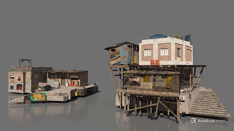 Stilt Houses With Weathered Wood Structures And Colorful Graffiti 3d model 