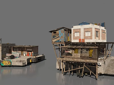 Stilt Houses With Weathered Wood Structures And Colorful Graffiti 3d model