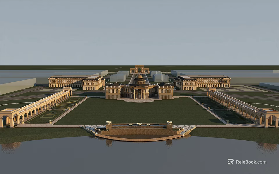 Classical Style Commercial Complex With Symmetrical Design Central Building And Water Feature 3d model 