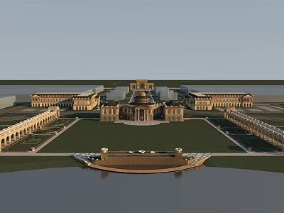 Classical Style Commercial Complex With Symmetrical Design Central Building And Water Feature 3d model
