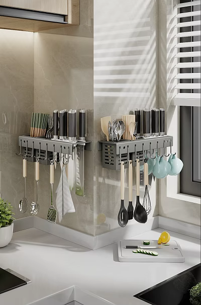 Wall Mounted Kitchen Utensil Set with Knives Spoons and Tools 3d model