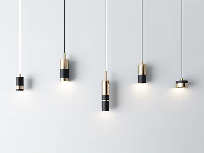 Multiple Modern Black And Gold Pendant Lights Hanging Against White Background 3d model