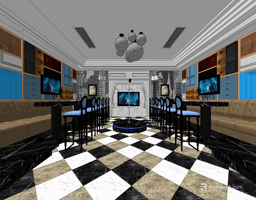 Modern Bar Interior With Black And White Checkered Floor Leather Sofas And Wall TVs 3d model 