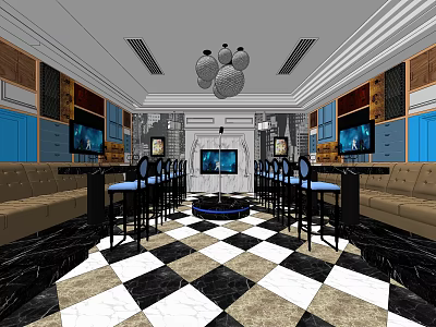 Modern Bar Interior With Black And White Checkered Floor Leather Sofas And Wall TVs 3d model