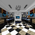 Modern Bar Interior With Black And White Checkered Floor Leather Sofas And Wall TVs