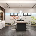 Modern Restaurant Interior With Dining Table Chairs Pendant Lights Wooden Cabinets And Decorative Vase