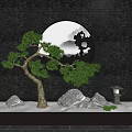 Miniature Garden Decor With Pine Tree Rocks Stone Lantern White Pebbles And Circular Mountain Backdrop 3d model
