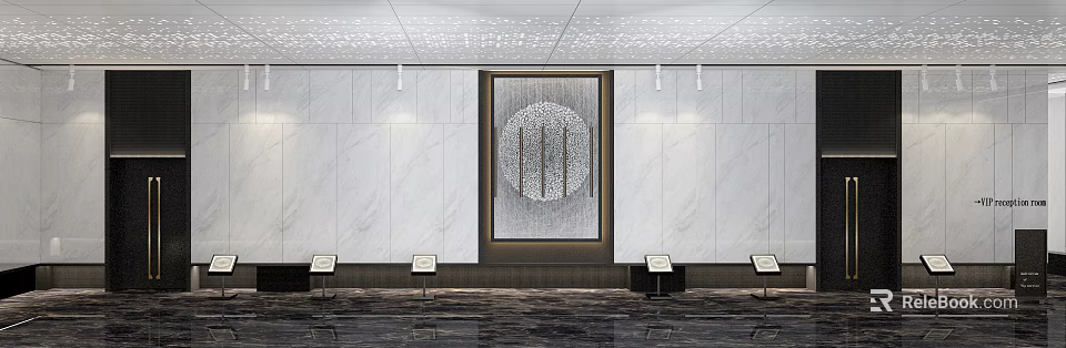 Luxurious Hotel Hallway With Marble Walls Ceiling Lights Display Stands And Decorative Panel 3d model 