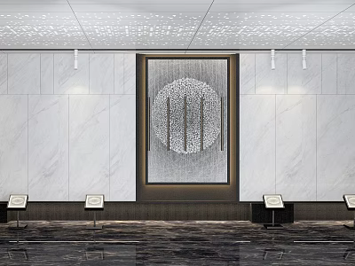 Luxurious Hotel Hallway With Marble Walls Ceiling Lights Display Stands And Decorative Panel 3d model