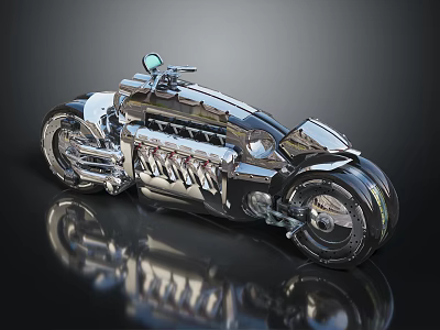 Chrome Custom Motorcycle With Sleek Metallic Finish Reflective Engine Details And Unique Wheels 3d model