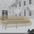 Curved Wooden Outdoor Landscape Bench In Plaza With White Buildings Trees And Street Lamps