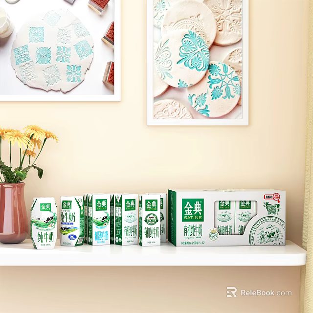Mengniu Milk Cartons in Green White Packaging with Pink Vase Yellow Flowers and Decorative Paintings 3d model 