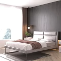 Modern Gray Leather Double Bed With Nightstand Green Plant Table Lamp Wooden Wall And Curtains