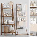 Organized Bathroom Cabinet Rack With Multi tiered Shelves Skincare Bottles Folded Towel And Containers