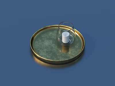 Home Essentials Golden Tray With Transparent Glass Dome Covering White Candle 3d model