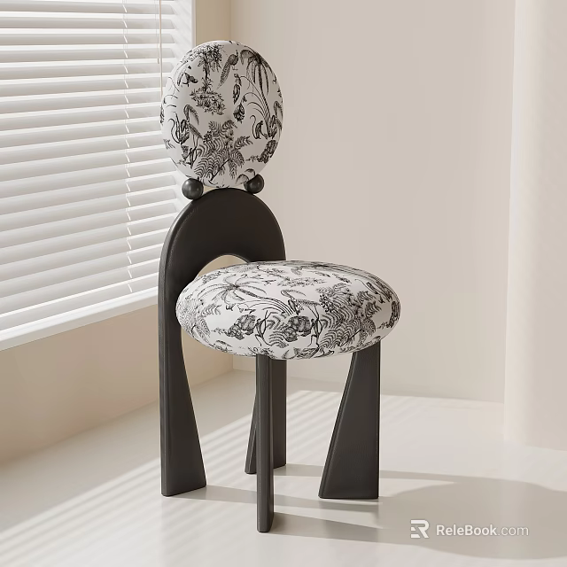 Modern Dining Chair With Black And White Floral Pattern And Curved Dark Frame 3d model 