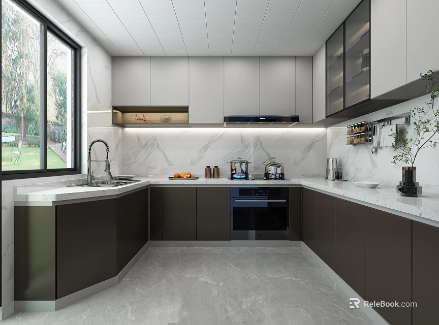 Modern Kitchen With Dark And Light Cabinets Marble Countertops And Large Windows 3d model