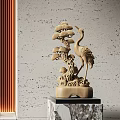 Elegant Crane And Pine Tree Sculptures With Transparent And Beige Carvings On Decorative Bases