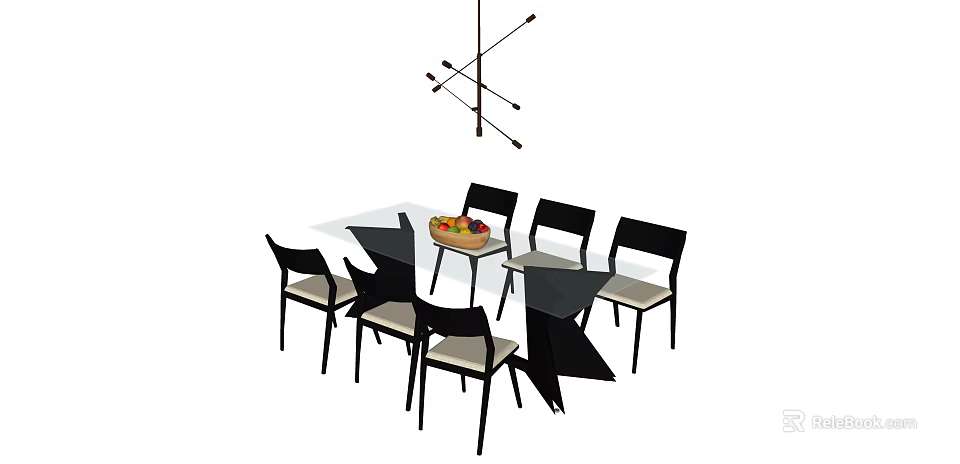 Modern Dining Table Set With Six Chairs Fruit Bowl And Pendant Light Above 3d model 