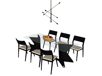 Modern Dining Table Set With Six Chairs Fruit Bowl And Pendant Light Above 3d model