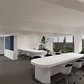 Modern Public Office Space With White Desks Ergonomic Chairs Large Windows And Green Plants