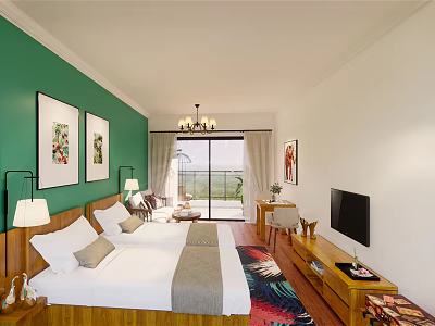 Modern Apartment Featuring Double Beds Green Walls Paintings Chandelier TV Colorful Carpet And Scenic View 3d model