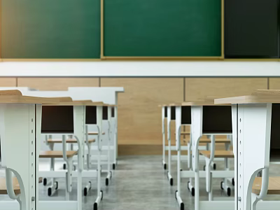 School Classroom Interior With Green Blackboards And Neatly Arranged Desks Chairs 3d model
