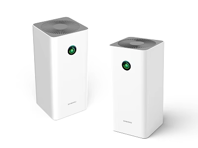 Two Sharp White Air Purifiers With Gray Top And Green Indicator Light For Home Use 3d model