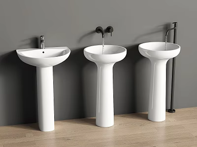 White Pedestal Washbasins with Different Faucets Against Gray Wall on Wooden Floor 3d model