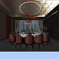 Luxurious Private Dining Room With Round Table Red Chairs Large Windows And Decorative Wall