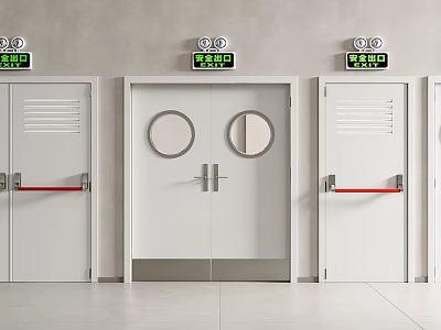 Public Building Safety Exit Doors With Circular Windows Digital Displays And Red Handrails 3d model