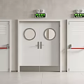 Public Building Safety Exit Doors With Circular Windows Digital Displays And Red Handrails