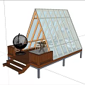 Outdoor Transparent Triangular Pavilion With Wooden Deck Spherical Chair Purple Flowering Trees And Green Plants