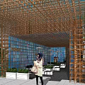 Bamboo Pergola With Grid Structure And Green Plants Outdoor Seating Area