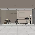 Fashion Clothing Store Interior With Display Area Chairs And Tripod Lighting